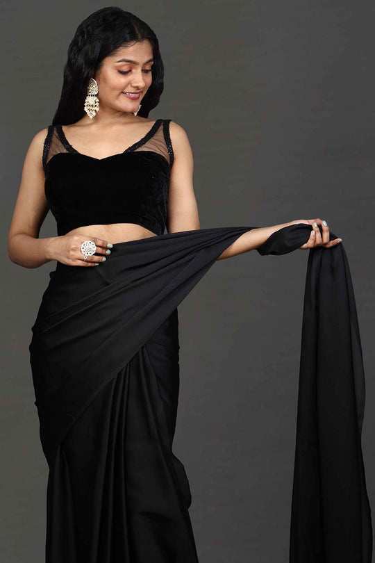 Maya Black Satin Solid Ready to Wear One Minute Saree
