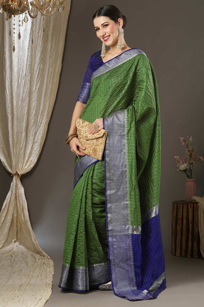 Nat Green Aura Silk Checkered Woven Design Taant One Minute Saree