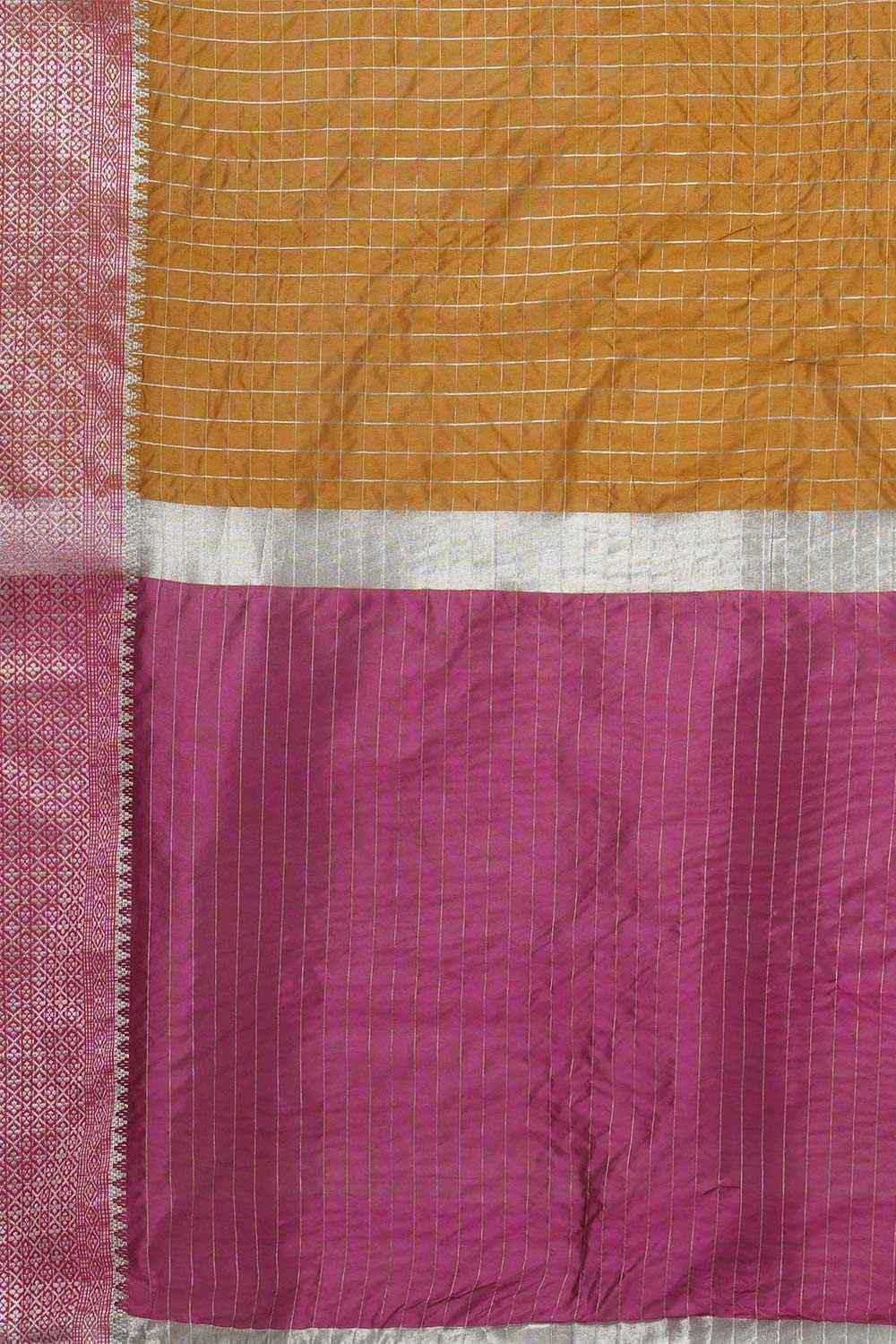 Megan Pink & Mustard Aura Silk Checkered Woven Design Taant One Minute Saree