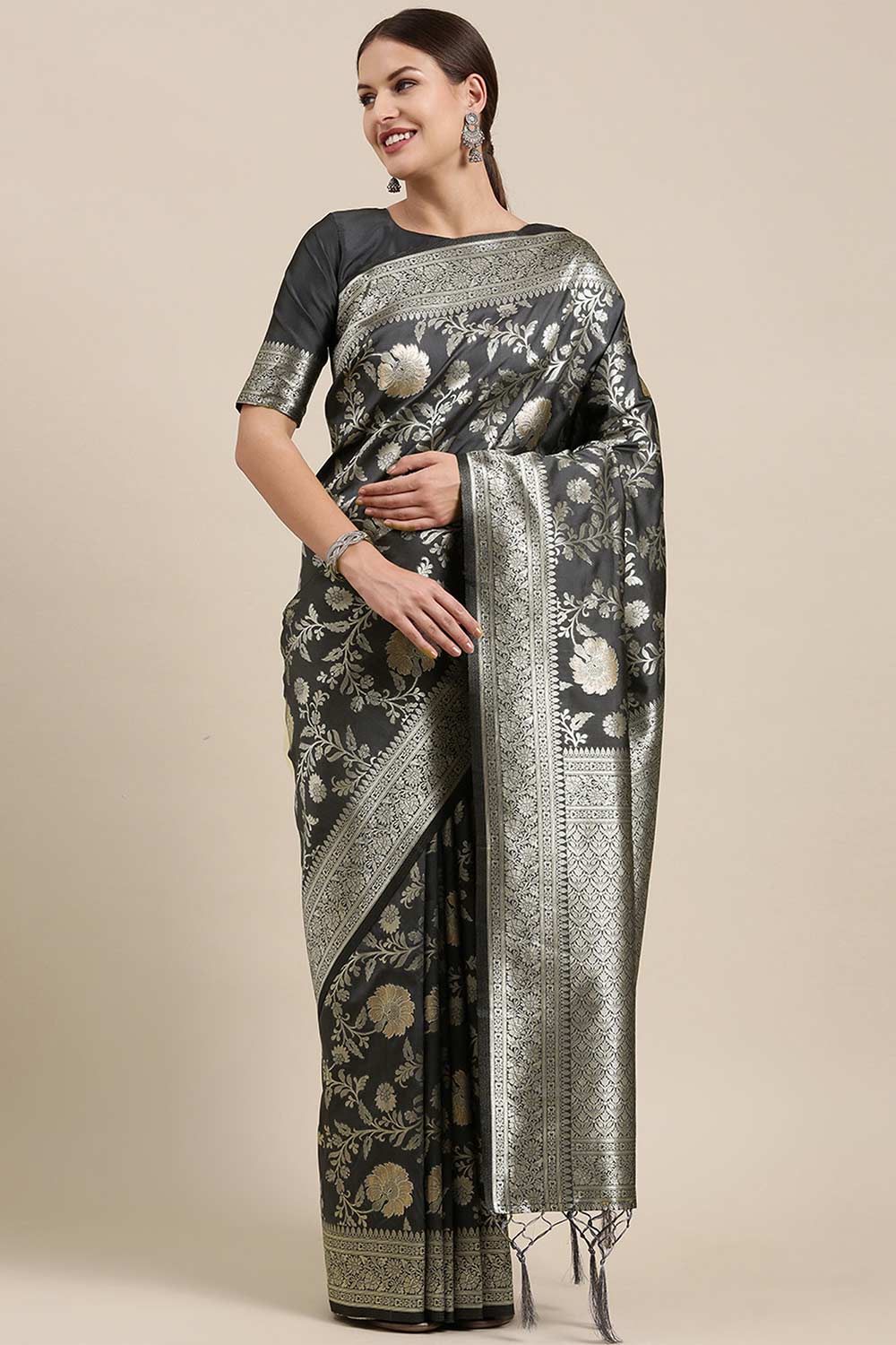 Sangeeta Grey Kanjivaram Silk Floral One Minute Saree