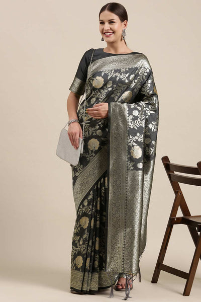 Sangeeta Grey Kanjivaram Silk Floral One Minute Saree