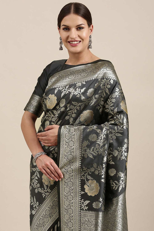 Sangeeta Grey Kanjivaram Silk Floral One Minute Saree