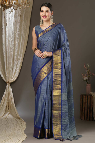 Bina Blue Aura Silk Woven Taant One Minute Saree