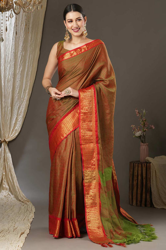 Aura Orange Aura Silk Abstract Woven Design Taant One Minute Saree