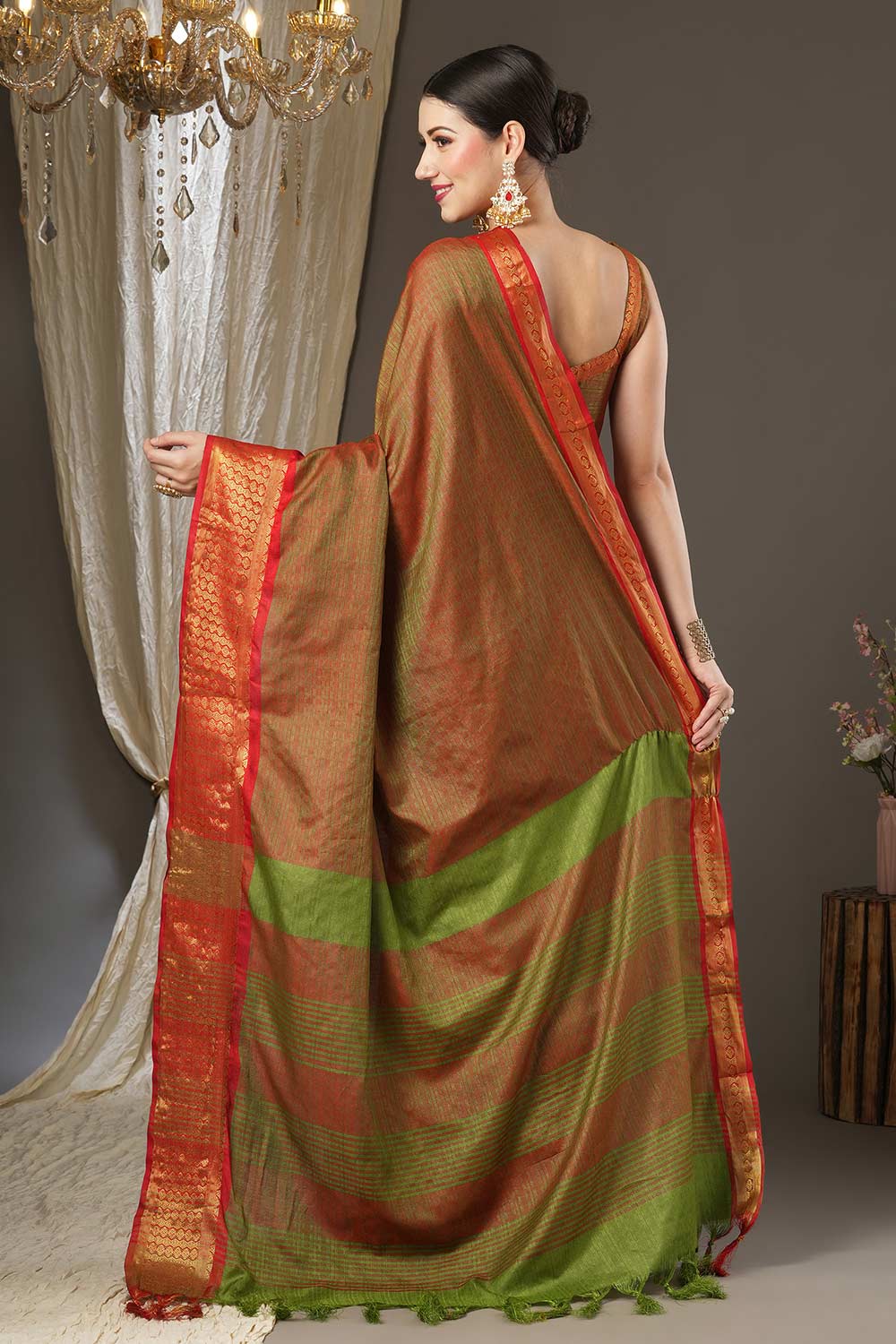 Aura Orange Aura Silk Abstract Woven Design Taant One Minute Saree