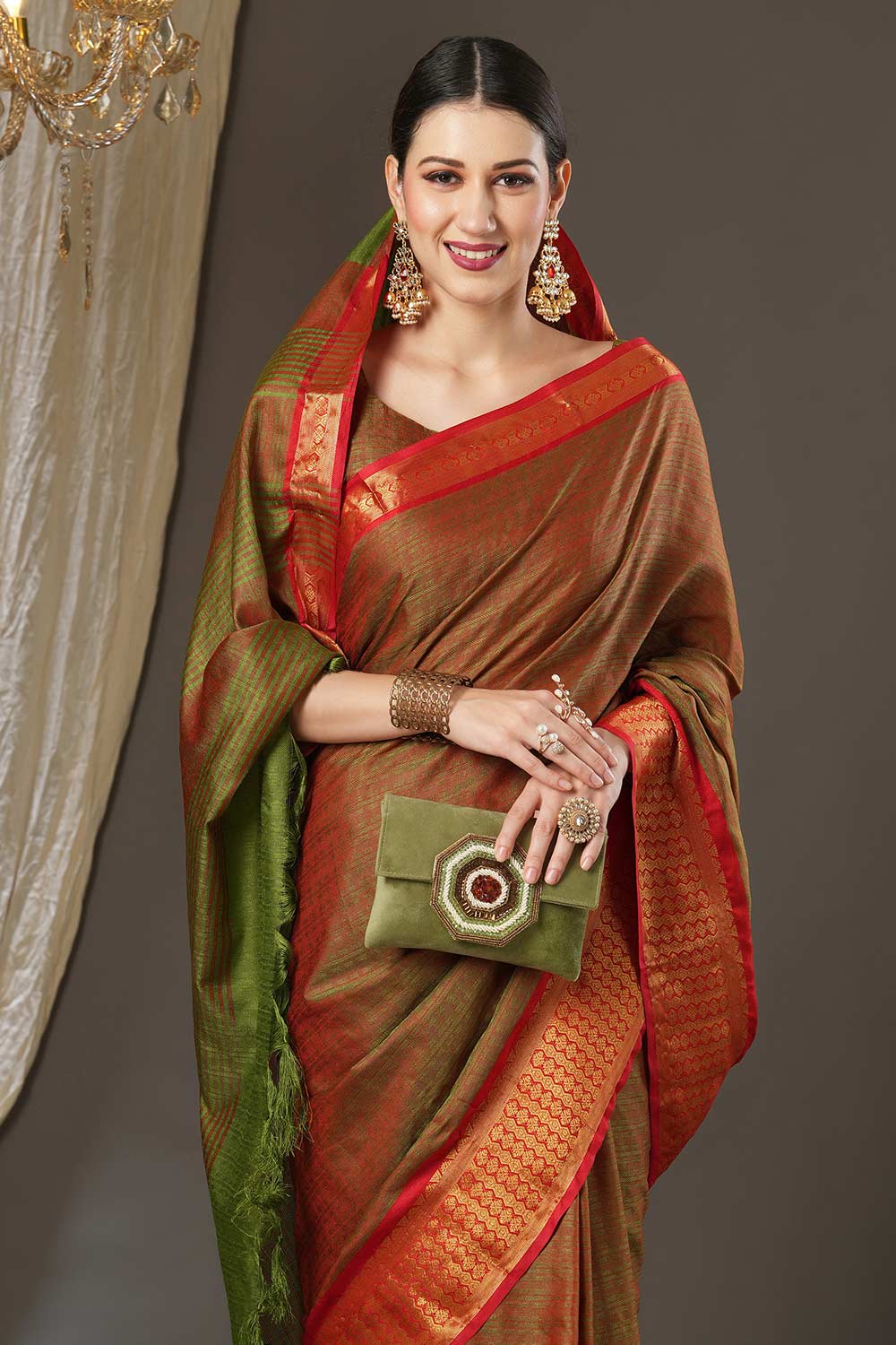 Aura Orange Aura Silk Abstract Woven Design Taant One Minute Saree