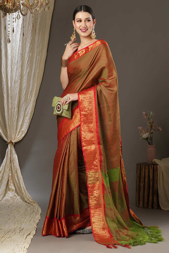 Aura Orange Aura Silk Abstract Woven Design Taant One Minute Saree