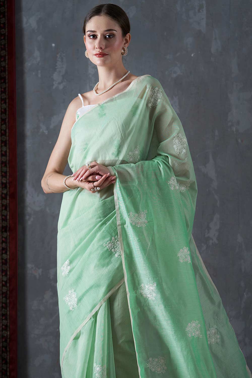 Tessa Light Green Cotton Blend Embroidered One Minute Saree