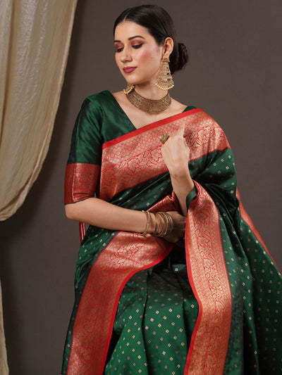 Sana Green & Red  Silk Blend Banarasi One Minute Saree