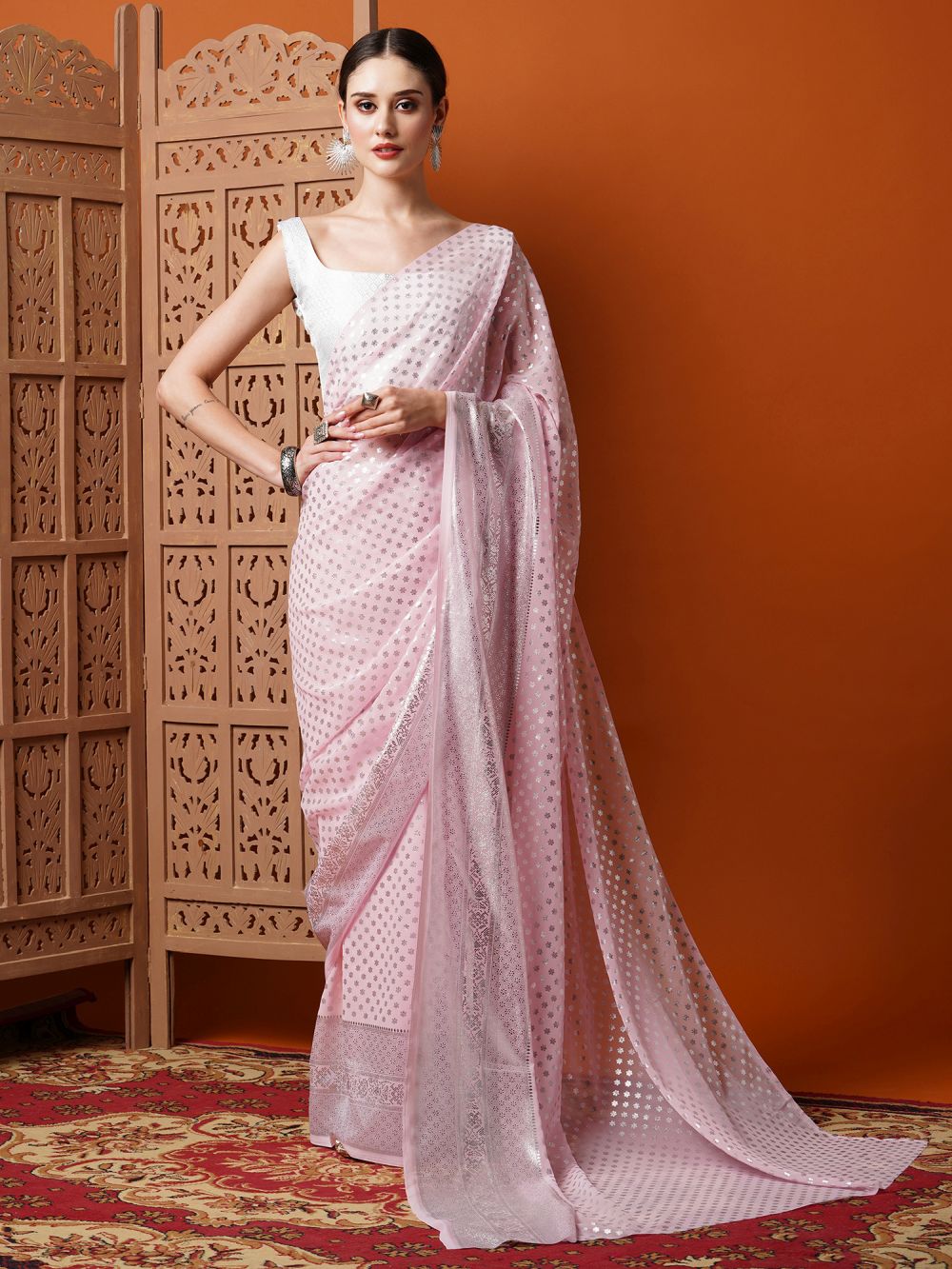 Iris Light Pink Georgette Foil Print One Minute Saree