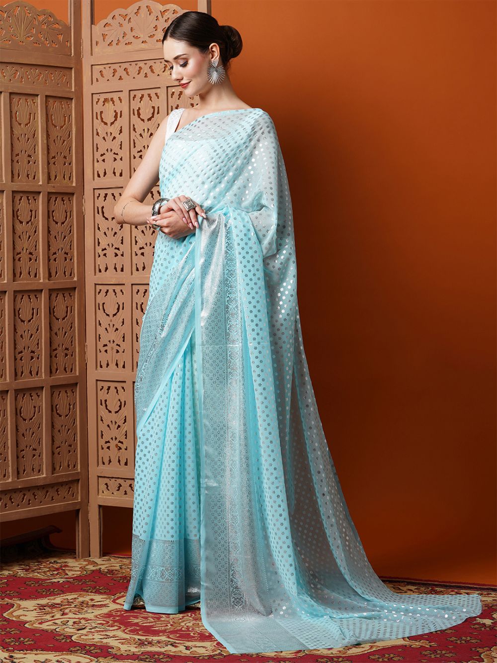 Iris Light Blue Georgette Foil Print One Minute Saree