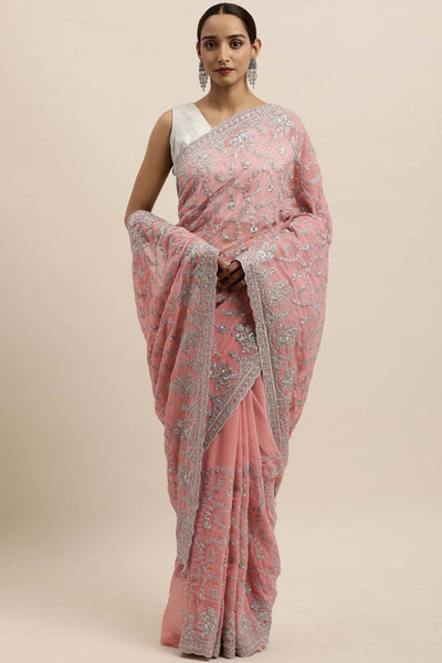 Buy Pink Embroidered Georgette One Minute Saree Online