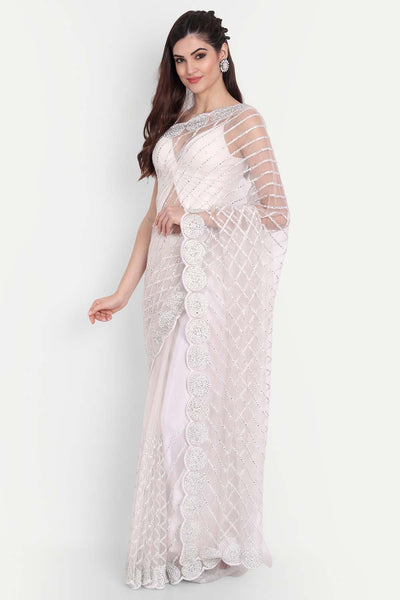 Prachi White Net Thread Embroidered One Minute Saree