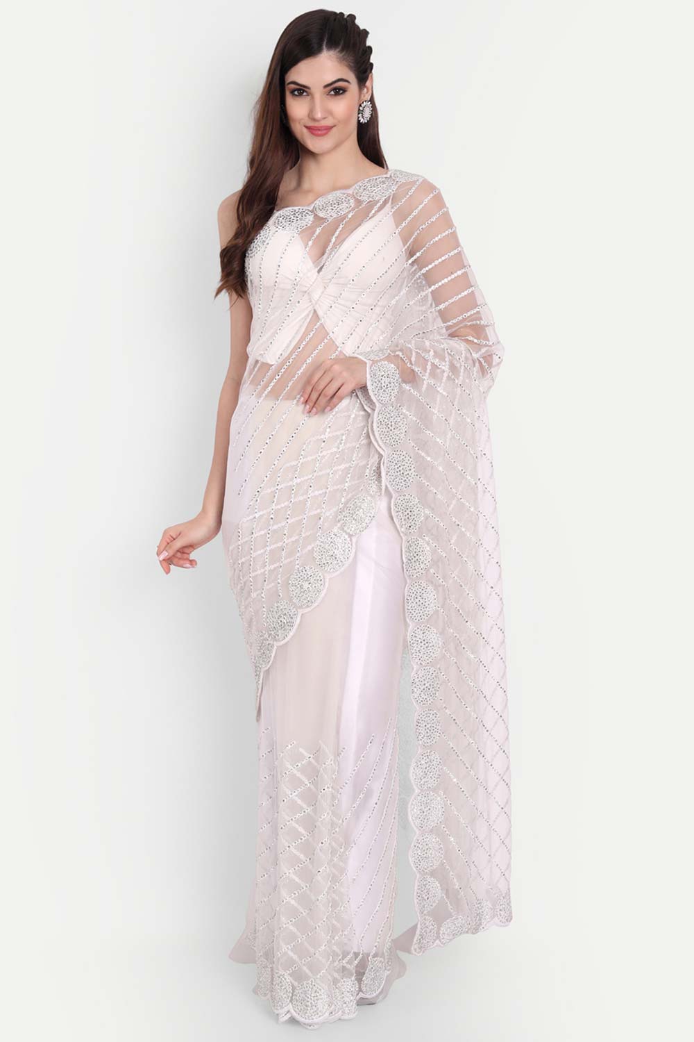 Prachi White Net Thread Embroidered One Minute Saree