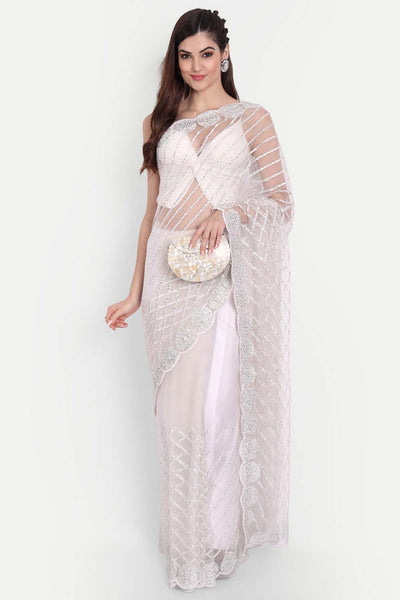 Prachi White Net Thread Embroidered One Minute Saree