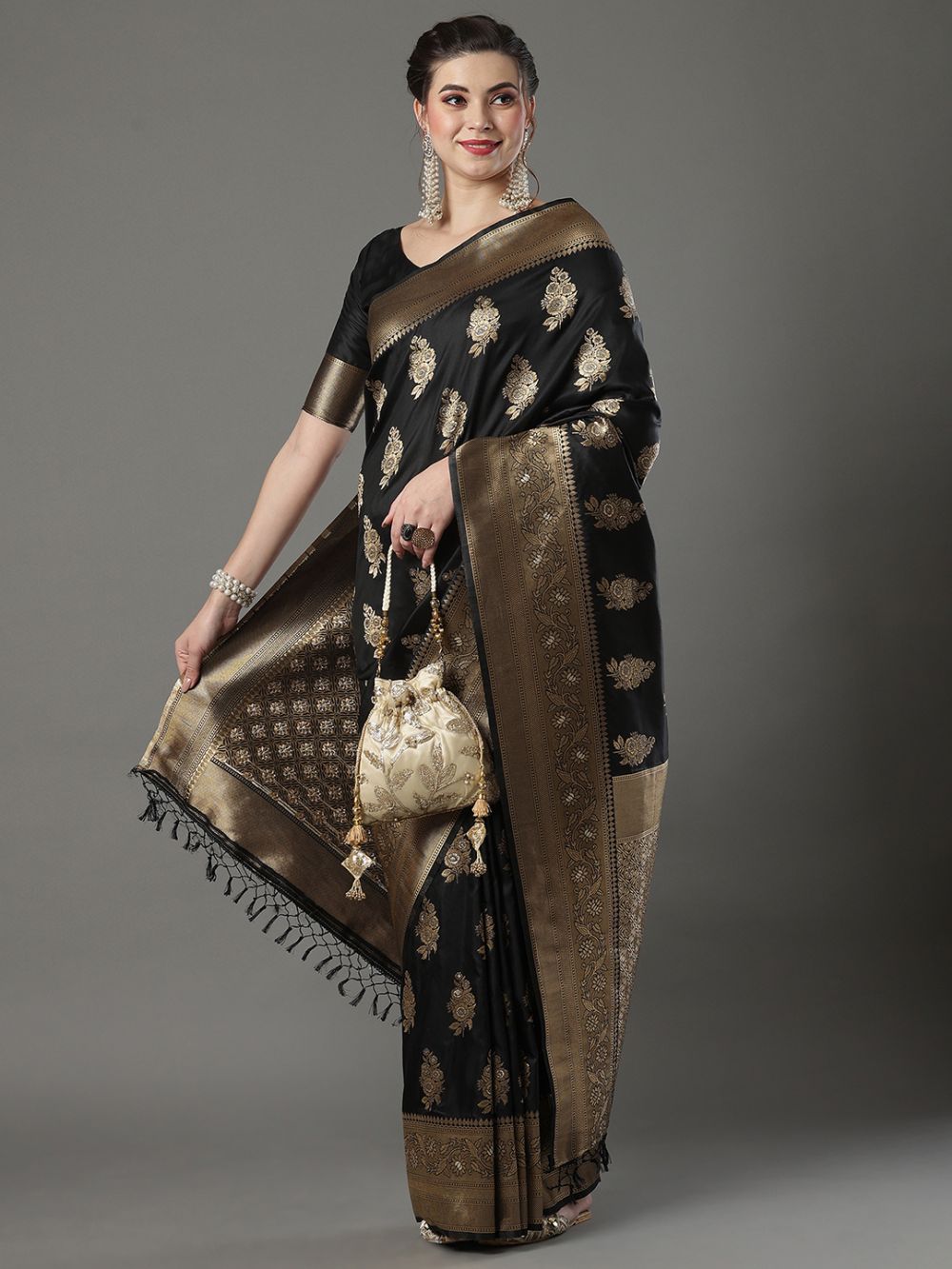 Prachi Black Silk Blend Banarasi One Minute Saree