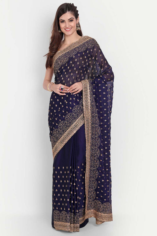 Nina Navy Art Silk Golden Zari Embroidered One Minute Saree