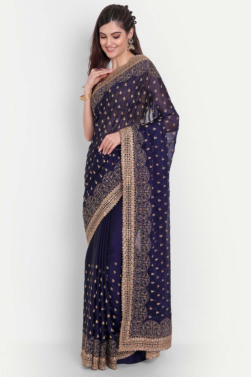 Nina Navy Art Silk Golden Zari Embroidered One Minute Saree