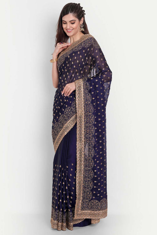 Nina Navy Art Silk Golden Zari Embroidered One Minute Saree
