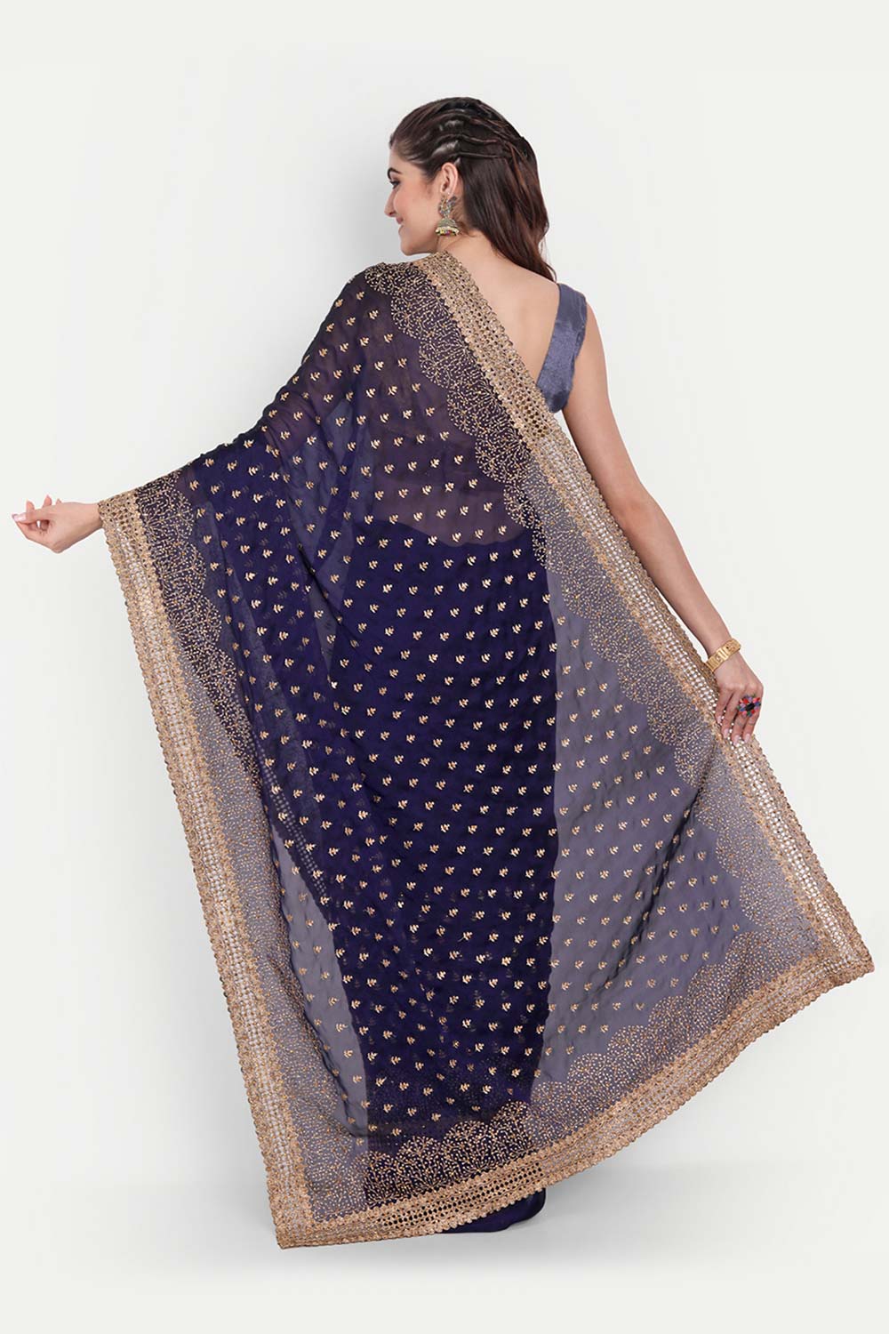 Nina Navy Art Silk Golden Zari Embroidered One Minute Saree
