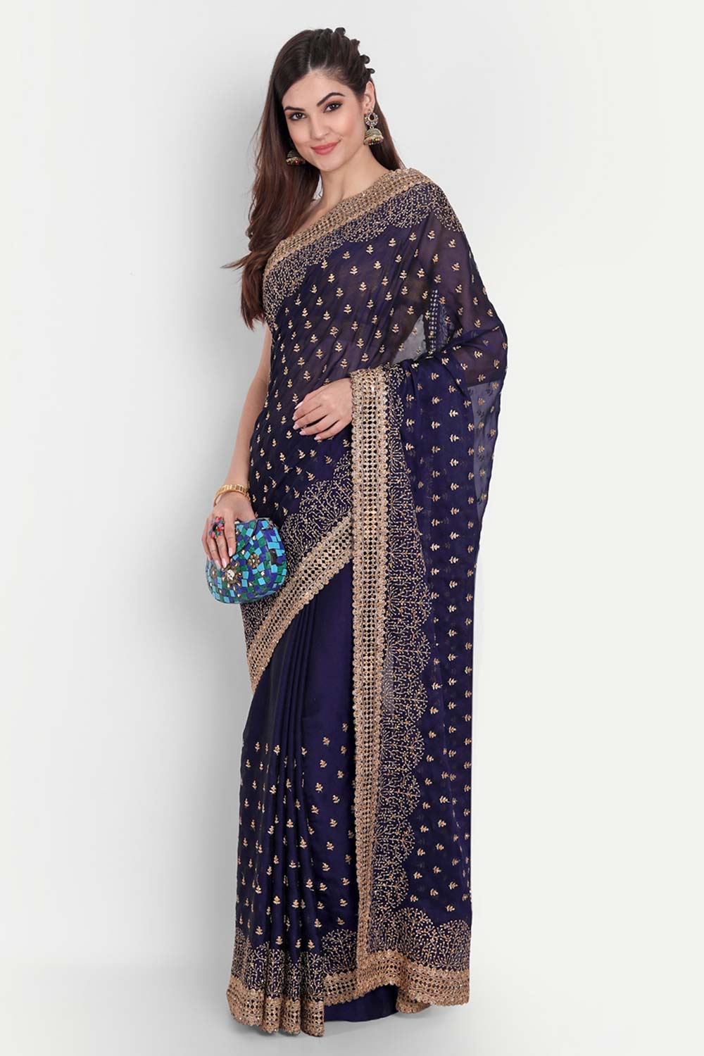 Nina Navy Art Silk Golden Zari Embroidered One Minute Saree