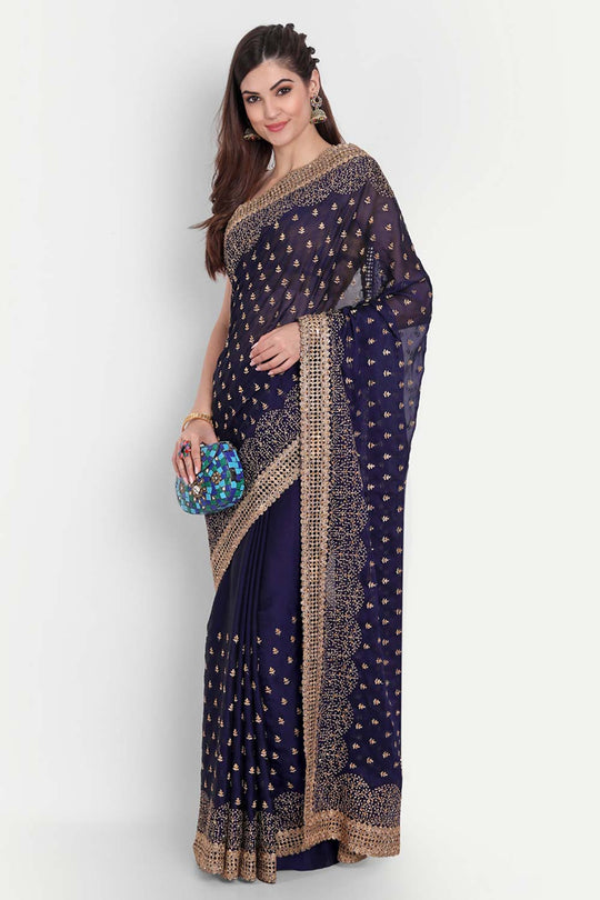 Nina Navy Art Silk Golden Zari Embroidered One Minute Saree