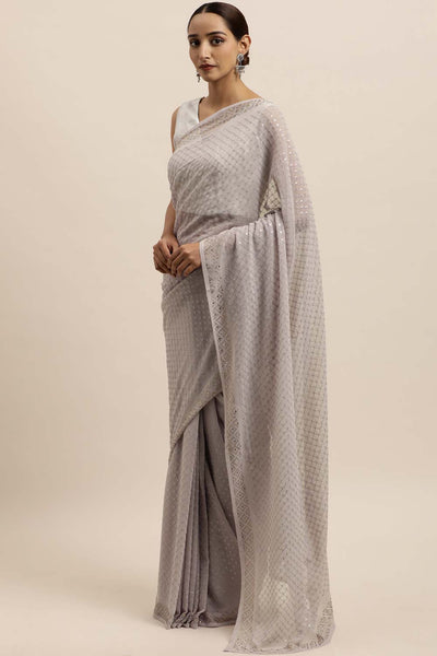 Buy Grey Sequin Embroidered Georgette One Minute Saree Online - Back