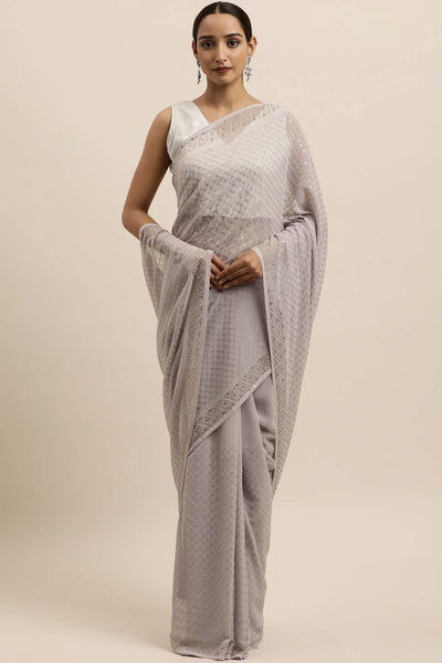 Buy Grey Sequin Embroidered Georgette One Minute Saree Online
