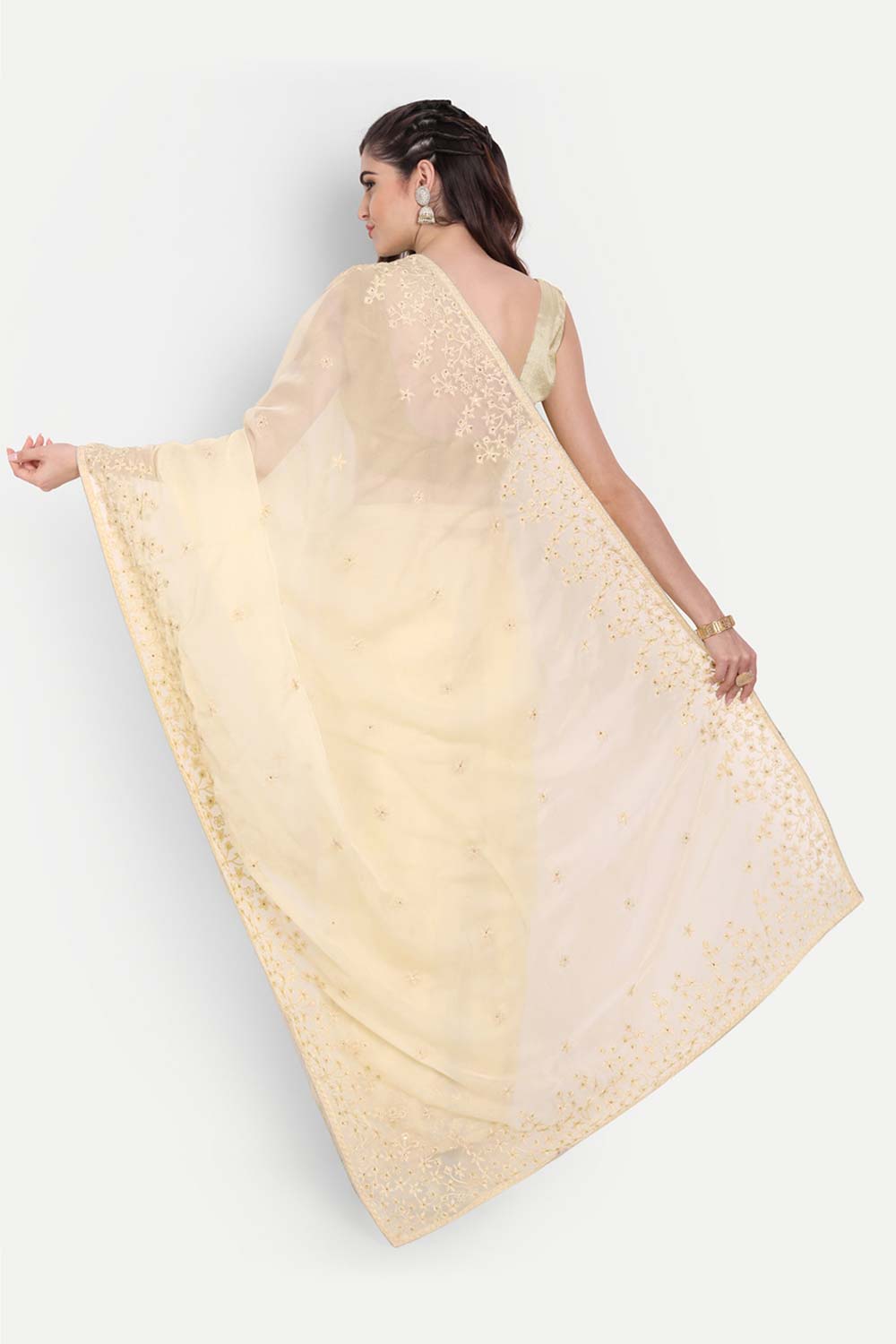 Luna Beige Organza Self Thread Embroidered One Minute Saree
