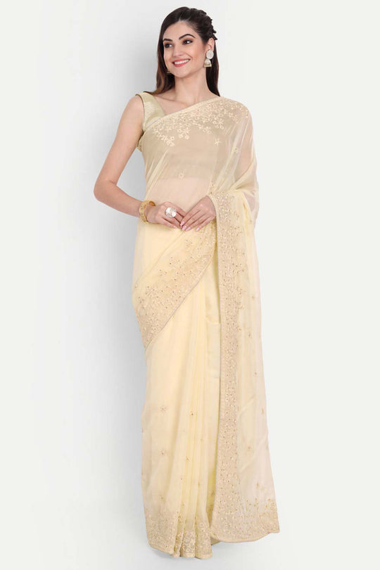 Luna Beige Organza Self Thread Embroidered One Minute Saree