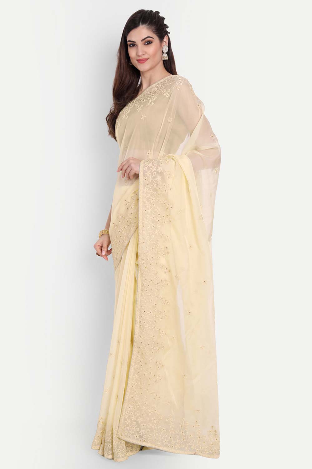 Luna Beige Organza Self Thread Embroidered One Minute Saree