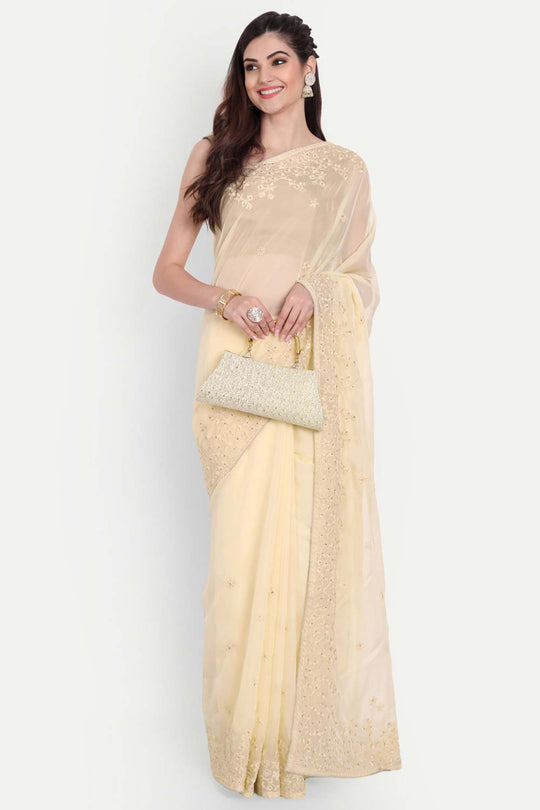 Luna Beige Organza Self Thread Embroidered One Minute Saree