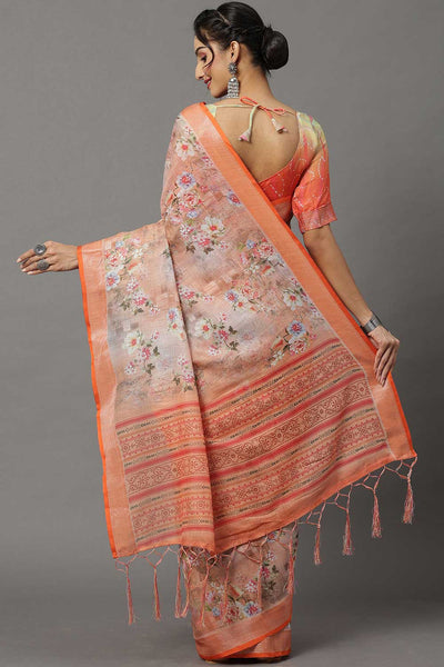 Buy Linen Banarasi Saree in Peach Online - Back