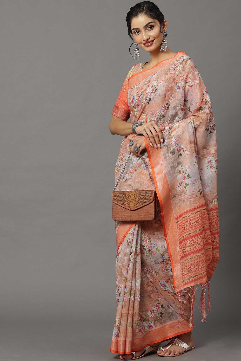 Buy Linen Banarasi Saree in Peach Online - Zoom In