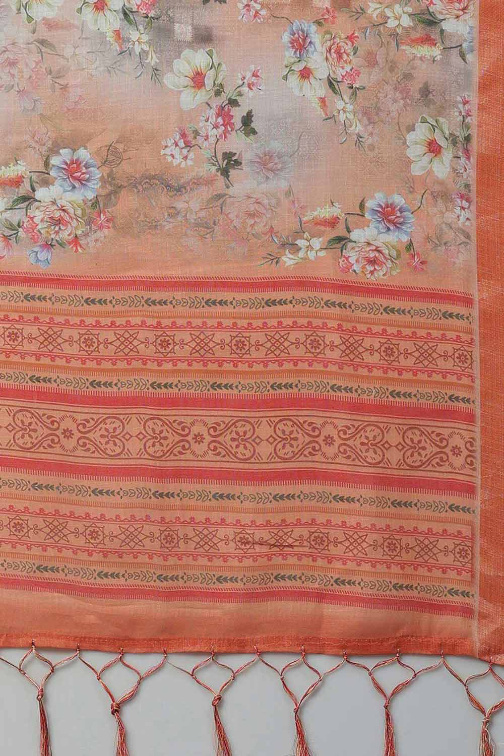 Buy Linen Banarasi Saree in Peach Paatern Design
