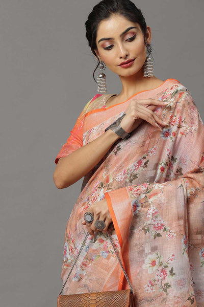 Buy Linen Banarasi Saree in Peach Online 