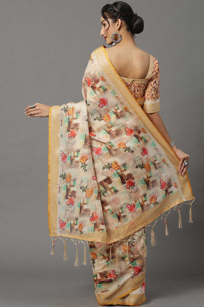 Buy Linen Banarasi Saree in Cream Online - Back