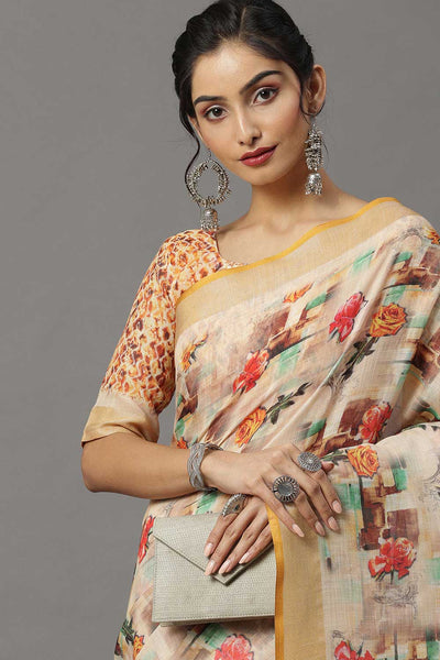 Buy Linen Banarasi Saree in Cream Online 