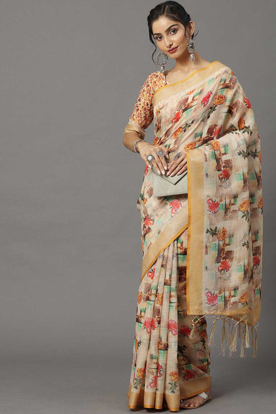 Buy Linen Banarasi Saree in Cream Online