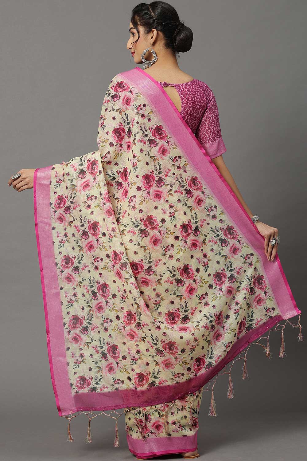 Buy Linen Banarasi Saree in Cream Online - Back