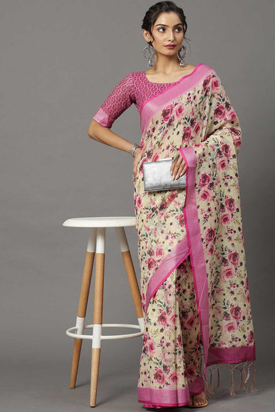 Buy Linen Banarasi Saree in Cream Online - Zoom In