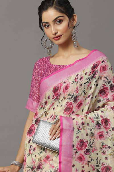 Buy Linen Banarasi Saree in Cream Online 