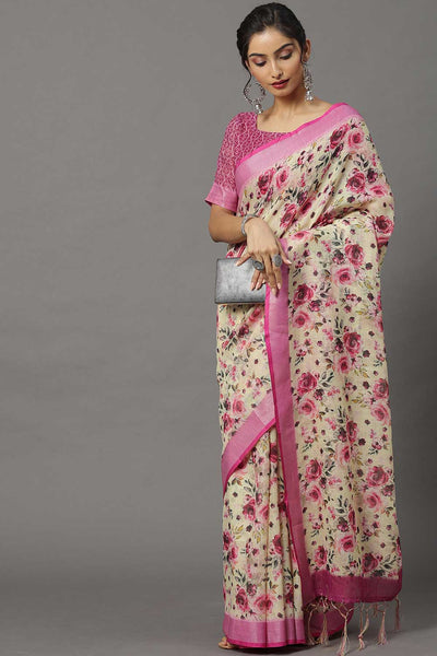 Buy Linen Banarasi Saree in Cream Online