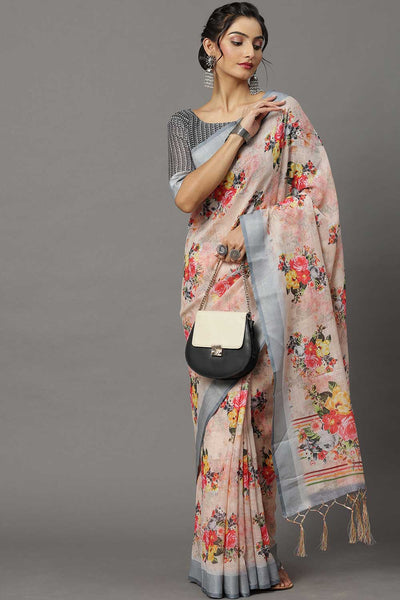 Buy Linen Banarasi Saree in Peach Online