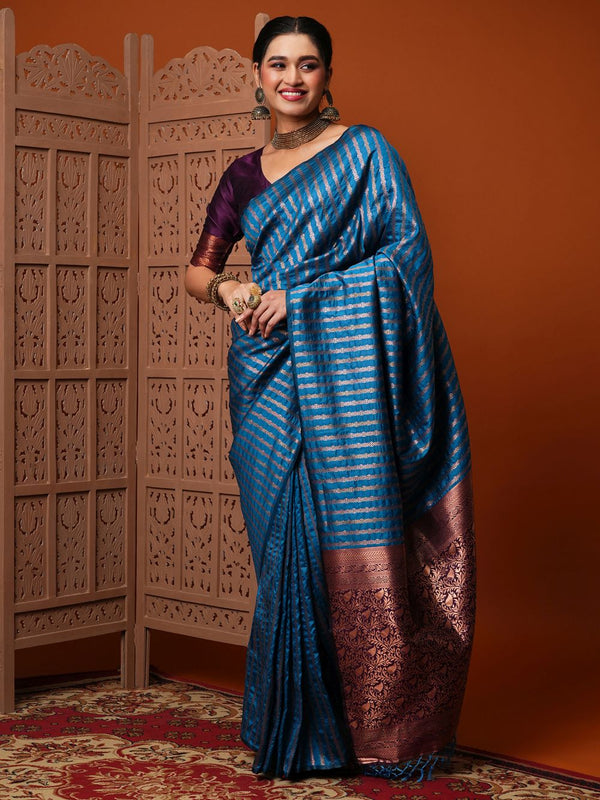 Sita Turquoise Blue Silk Blend Banarasi Striped Saree