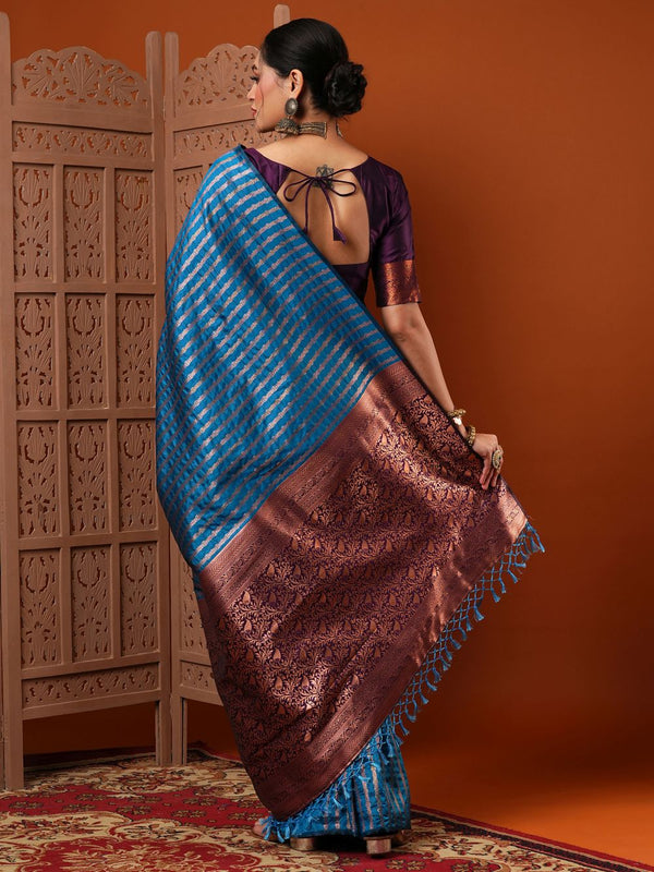 Sita Turquoise Blue Silk Blend Banarasi Striped Saree