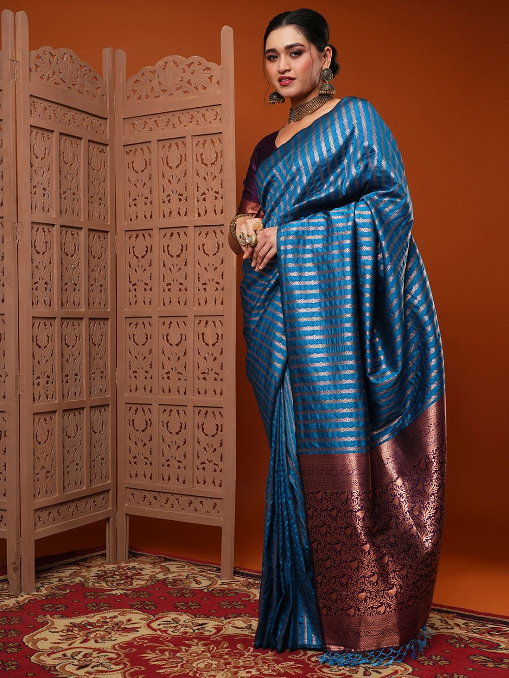 Sita Turquoise Blue Silk Blend Banarasi Striped Saree