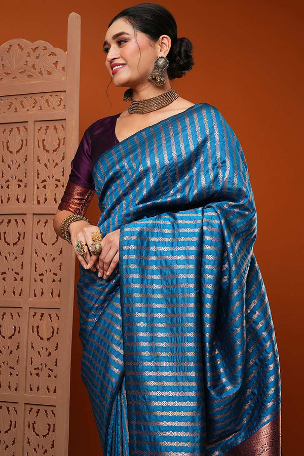 Sita Turquoise Blue Silk Blend Banarasi Striped Saree