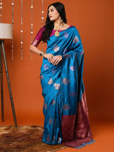 Sandhya Turquiose Blue Silk Blend Banarasi One Minute Saree