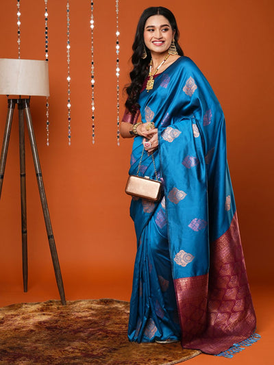 Sandhya Turquiose Blue Silk Blend Banarasi One Minute Saree